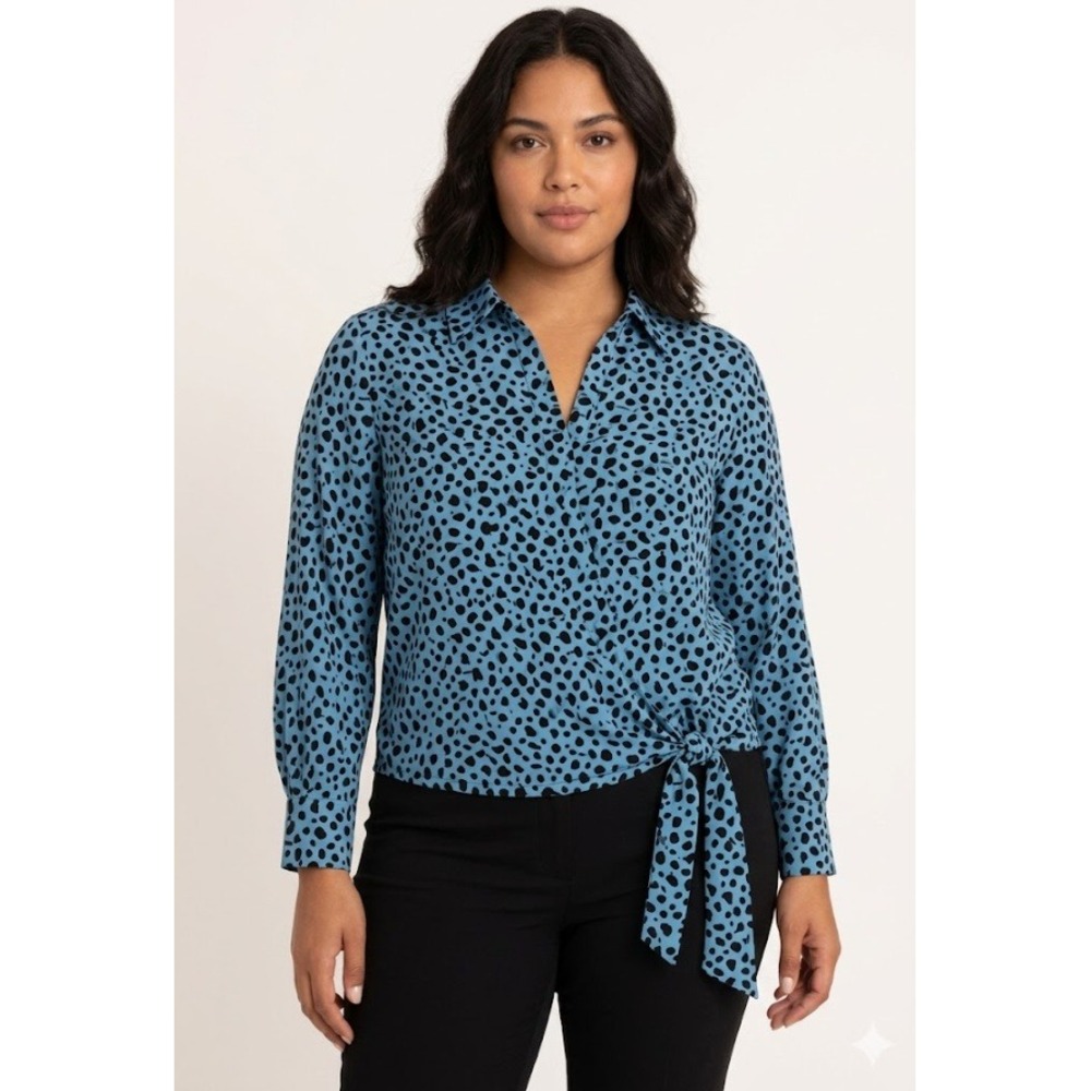 Chico's Blouse size Large/2 Blue Leopard Print Tie Front Button Down Soft Comfy